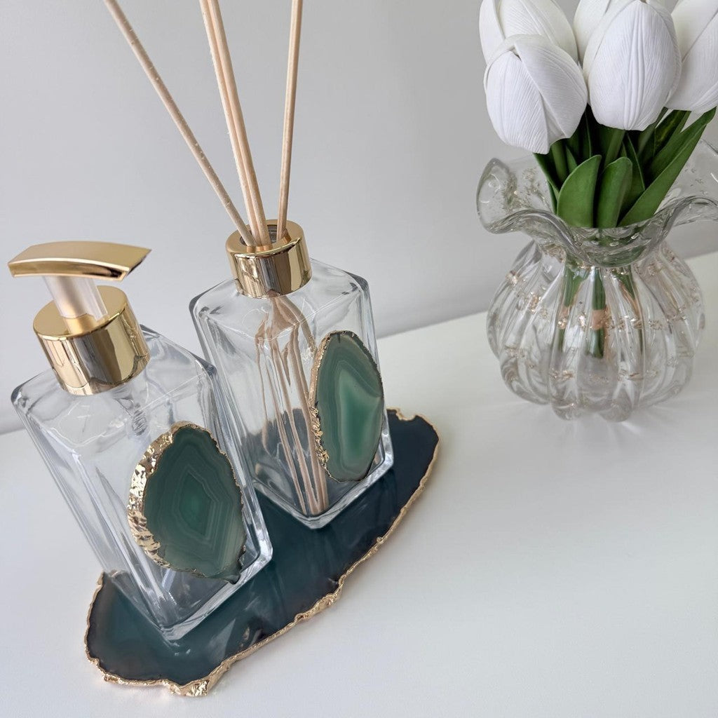 Kit Lavabo Difusor e Saboneteira Pedra Ágata Verde